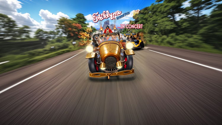 Et bilde fra dataspillet Flåklypa Grand Prix som viser Il Tempo Gigante med teksten "Flåklypa Grand Prix in Concert" over